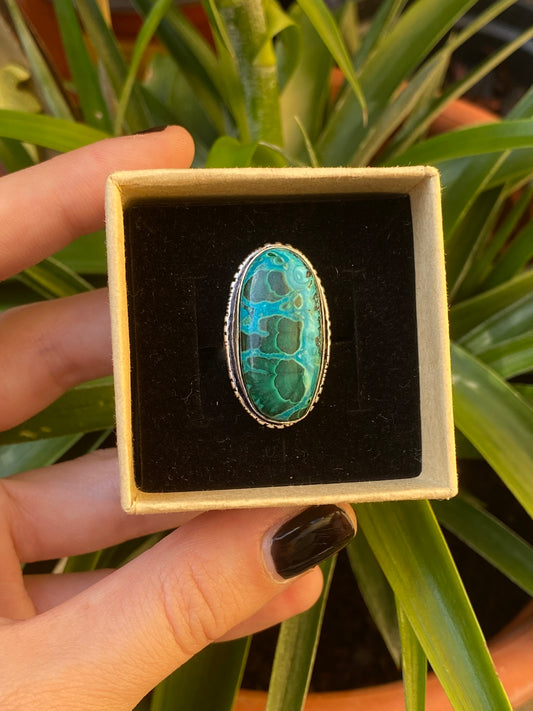Anello ovale con crisocolla regolabile in argento 925