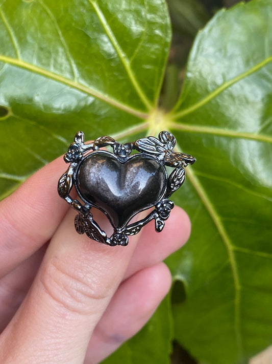 Anello cuore con ossidiana argentata