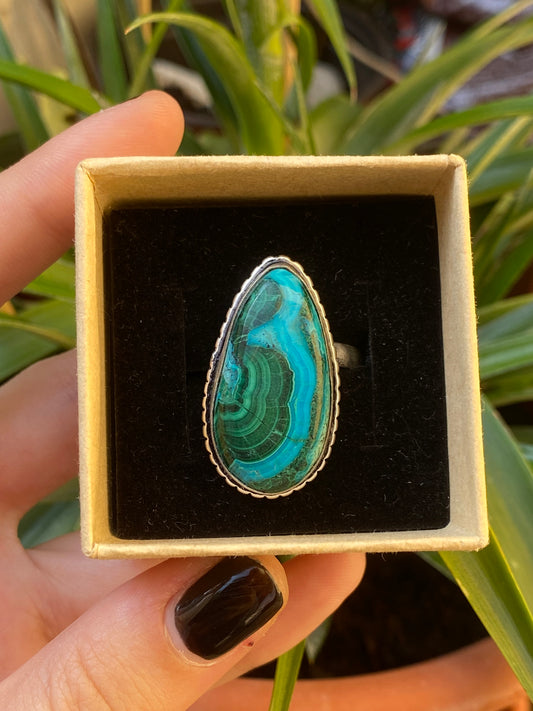 Anello goccia con crisocolla regolabile in argento 925
